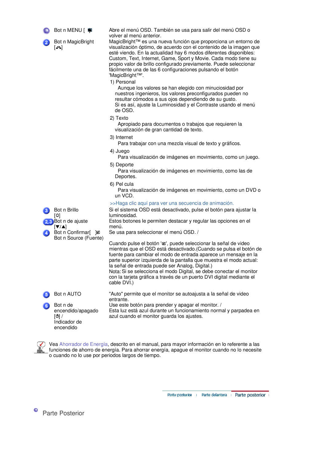 Samsung LS22DPWCSQ/EDC, LS22DPWCSS/EDC manual Parte Posterior 