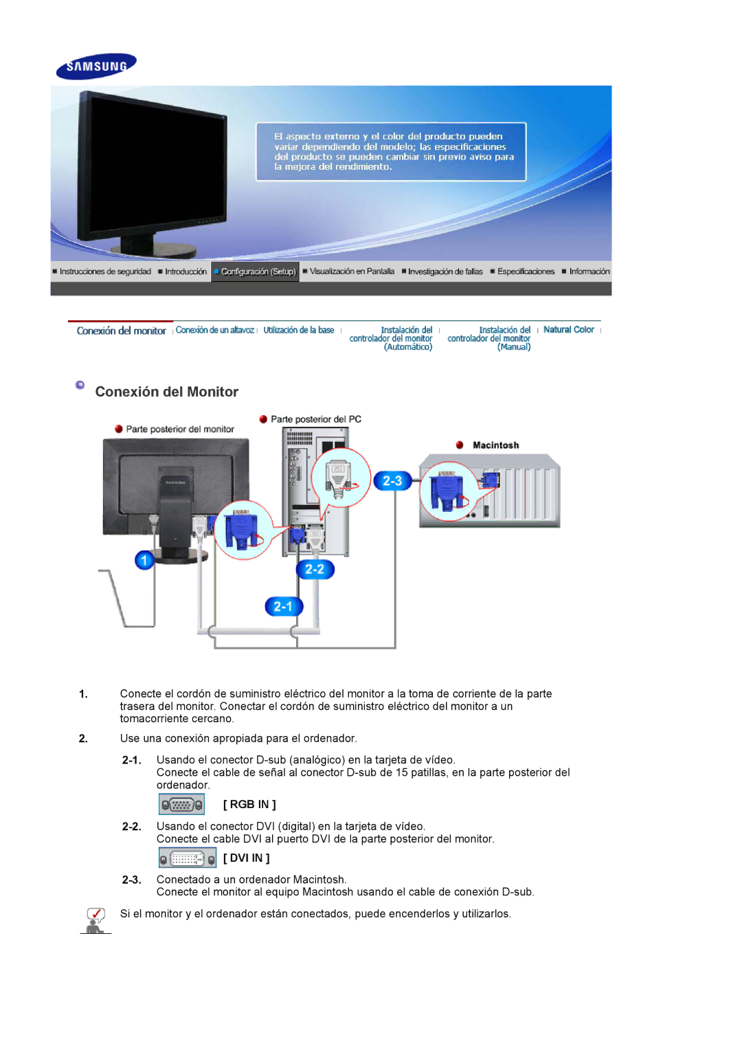 Samsung LS22DPWCSQ/EDC, LS22DPWCSS/EDC manual Conexión del Monitor, Rgb, Dvi 