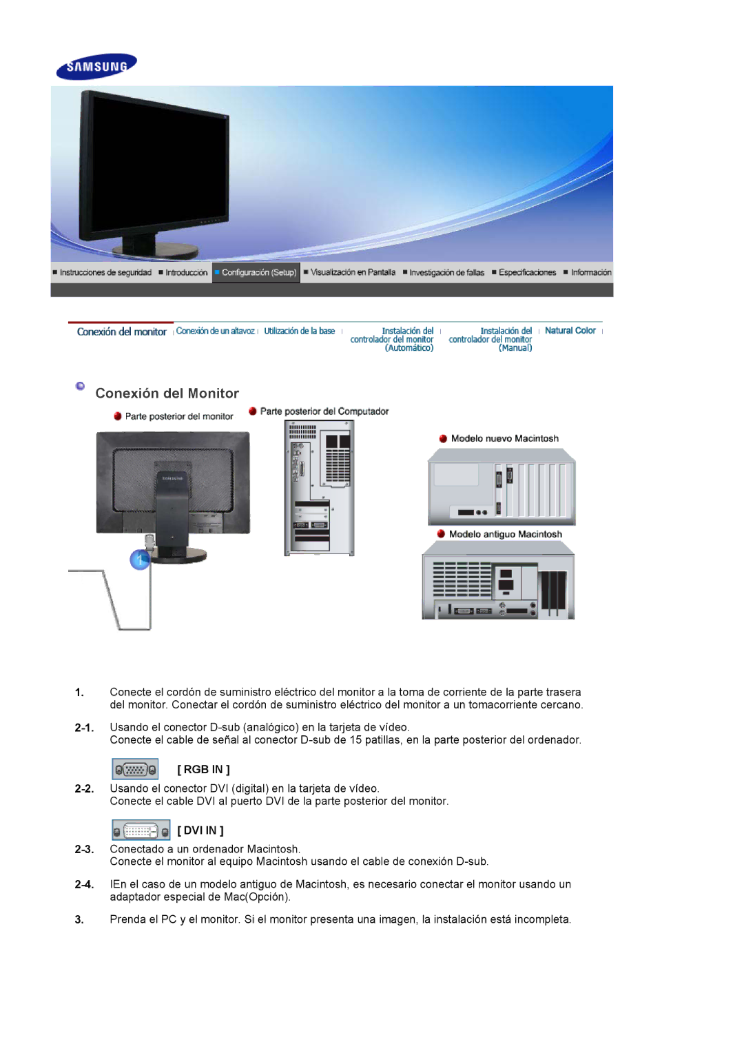 Samsung LS22DPWCSQ/EDC, LS22DPWCSS/EDC manual Conexión del Monitor, Rgb, Dvi 