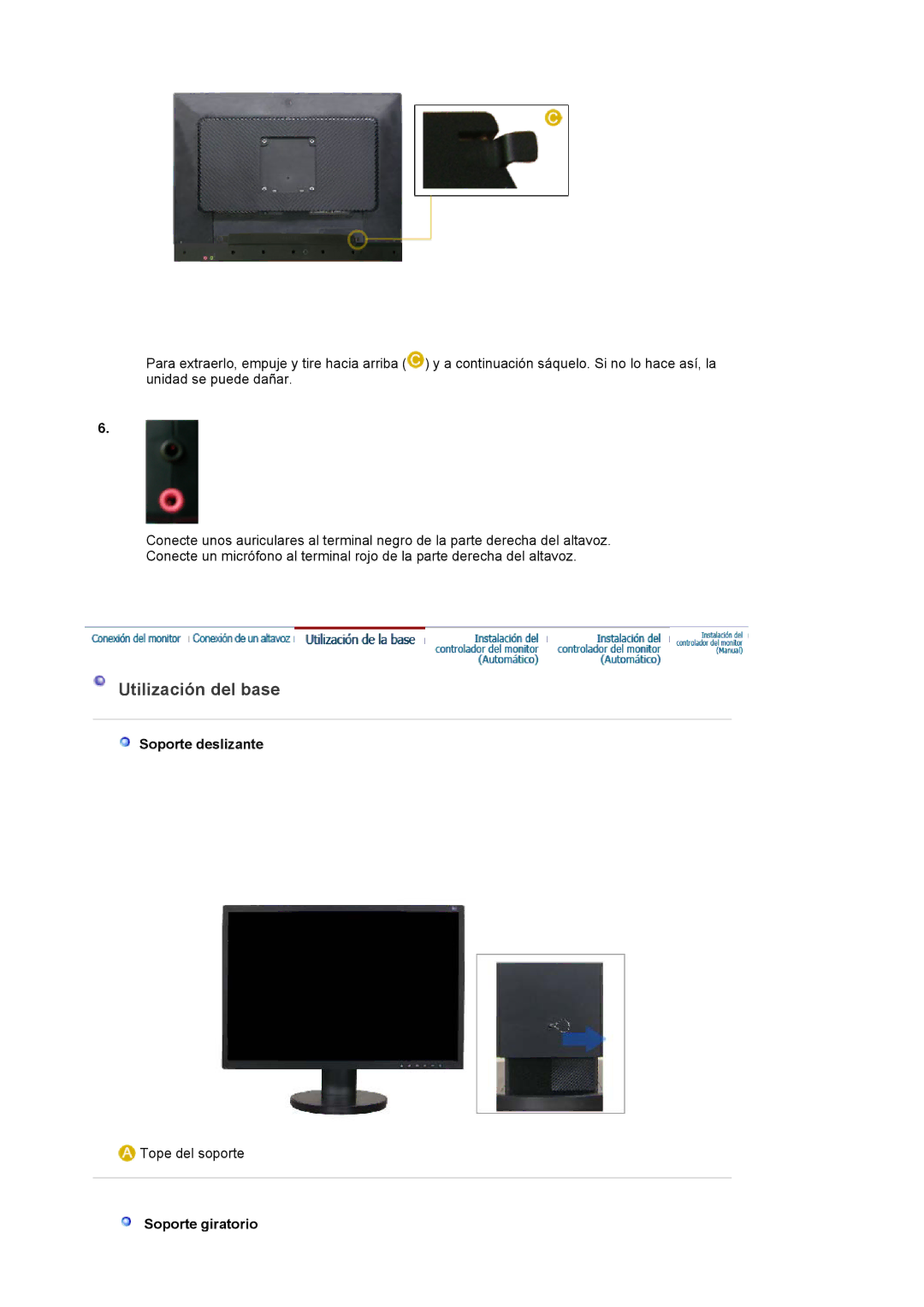 Samsung LS22DPWCSQ/EDC, LS22DPWCSS/EDC manual Utilización del base, Soporte deslizante, Soporte giratorio 