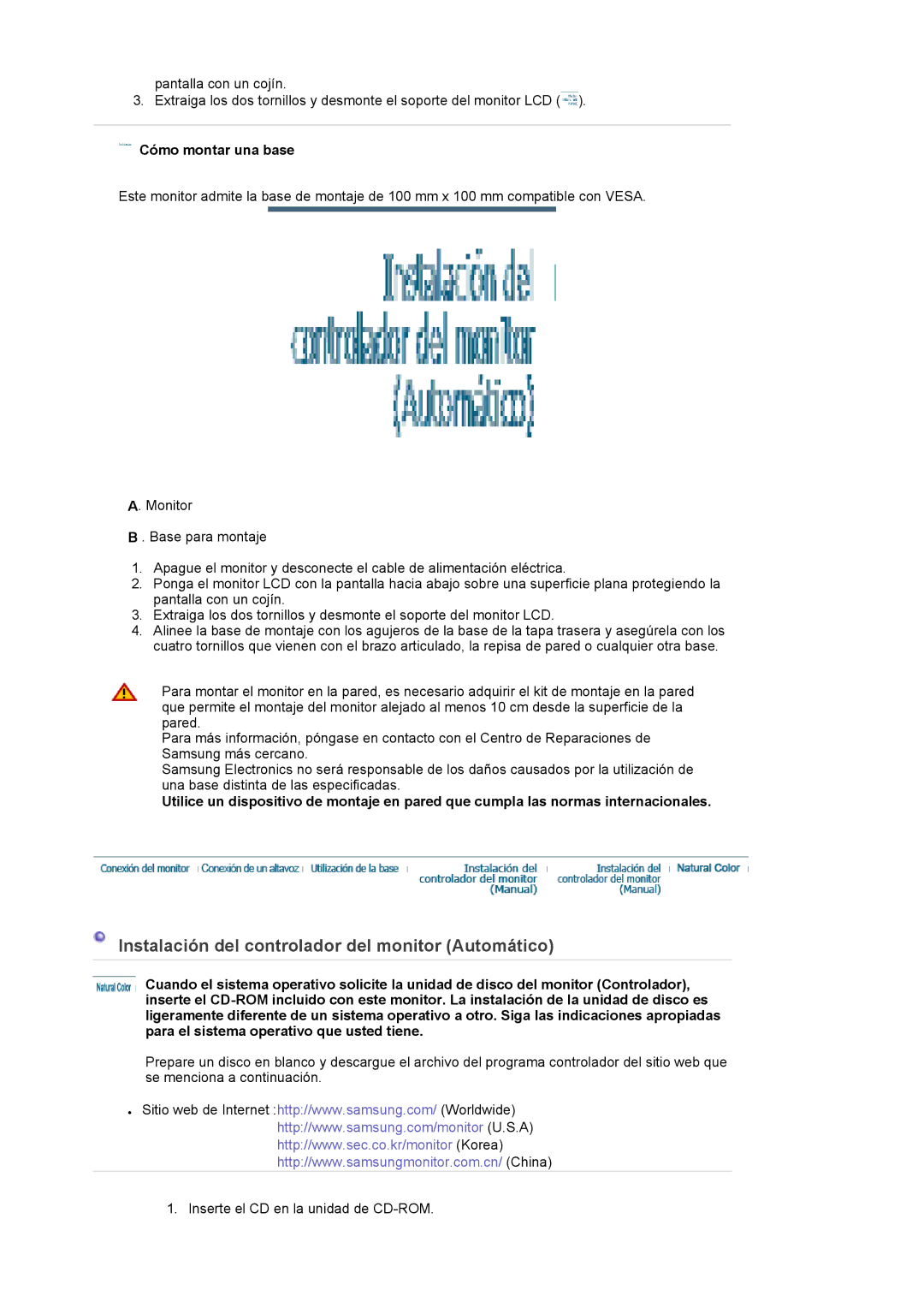 Samsung LS22DPWCSQ/EDC, LS22DPWCSS/EDC manual Instalación del controlador del monitor Automático, Cómo montar una base 