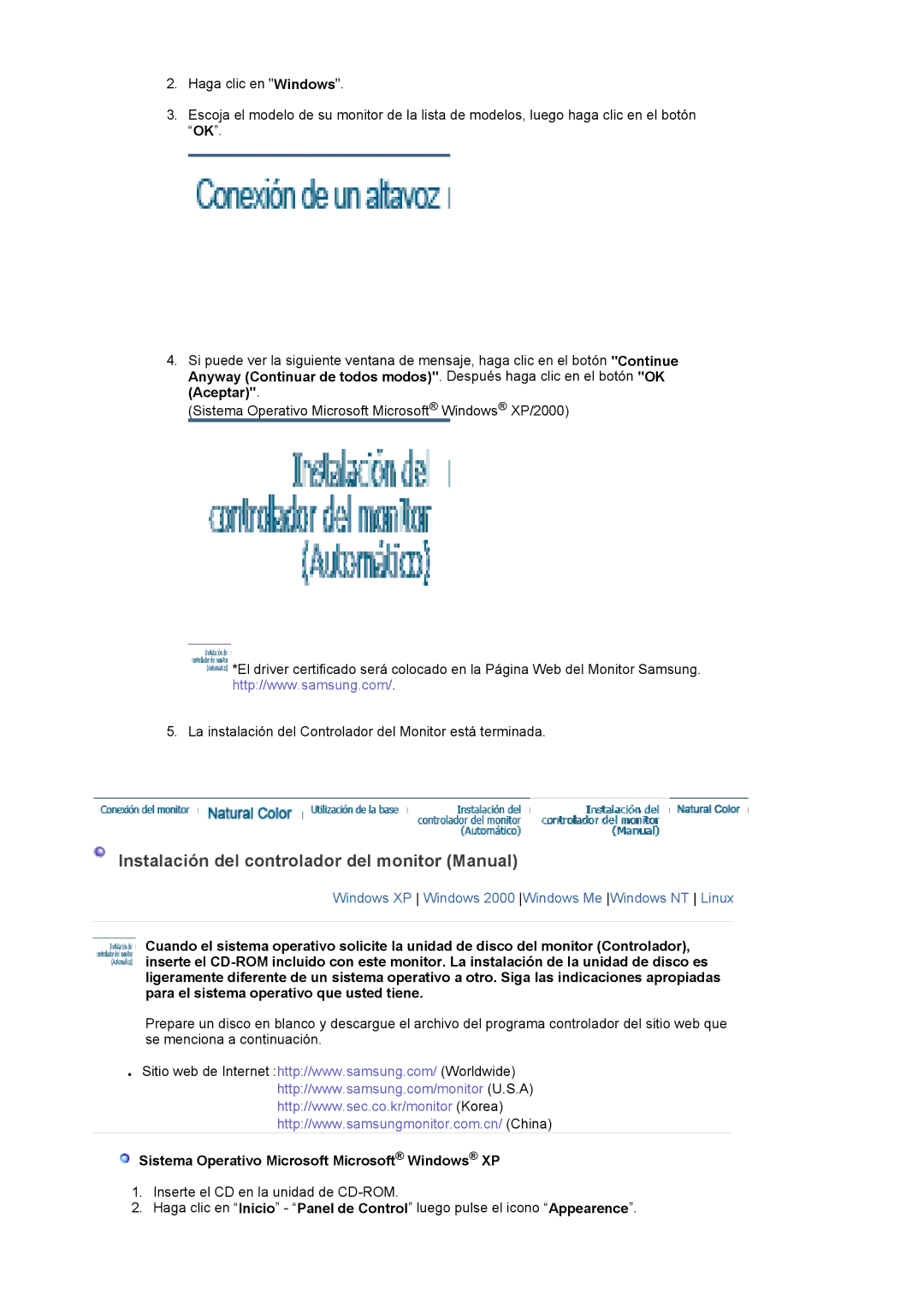 Samsung LS22DPWCSS/EDC Instalación del controlador del monitor Manual, Sistema Operativo Microsoft Microsoft Windows XP 