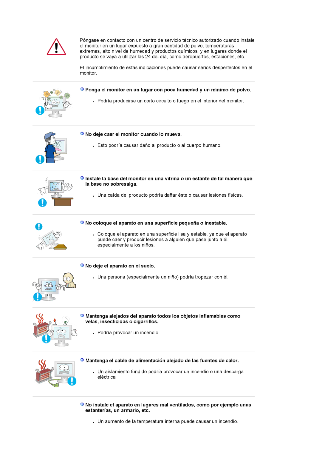 Samsung LS22DPWCSQ/EDC, LS22DPWCSS/EDC manual No deje caer el monitor cuando lo mueva, No deje el aparato en el suelo 