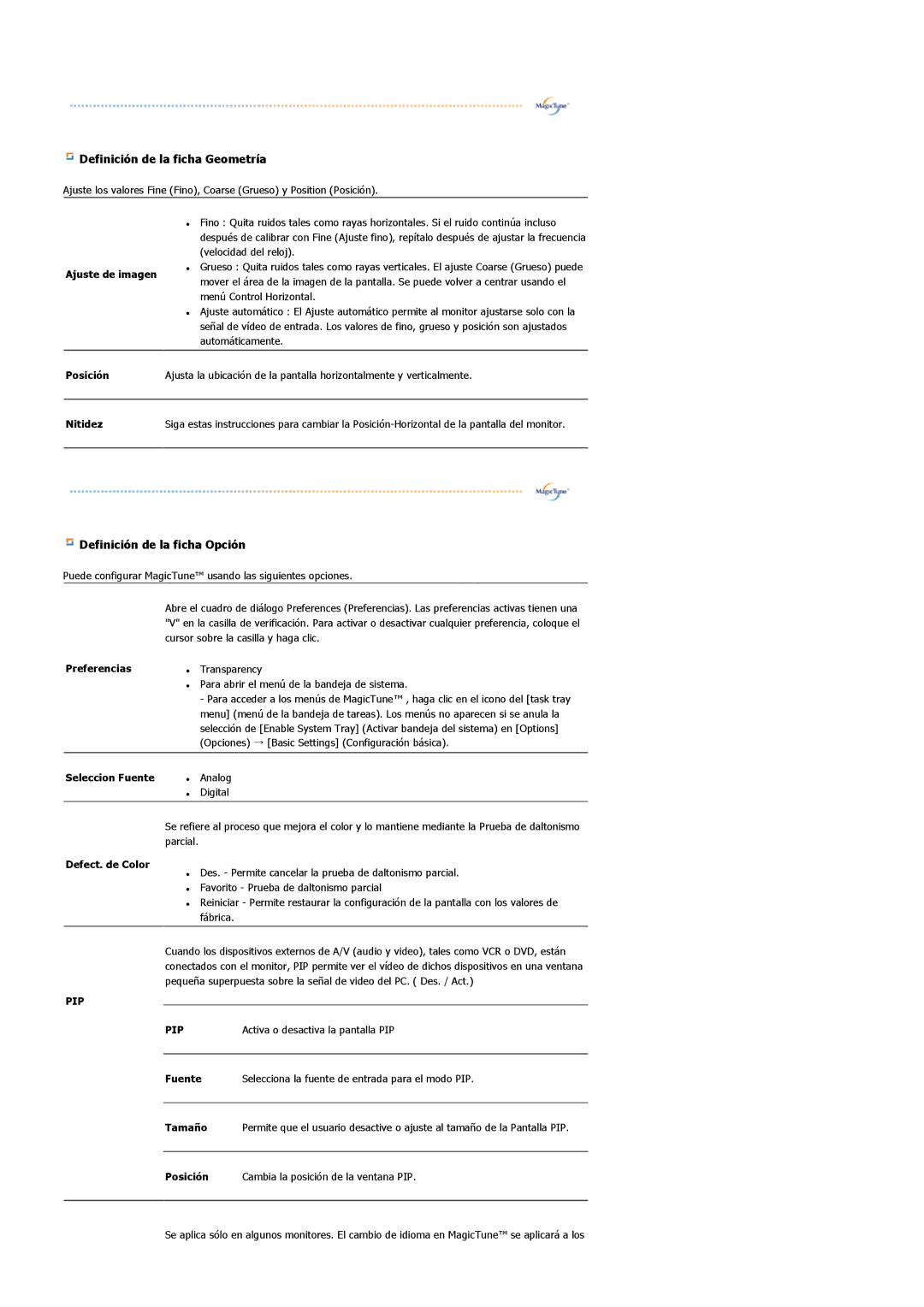 Samsung LS22DPWCSS/EDC, LS22DPWCSQ/EDC manual Definición de la ficha Geometría 