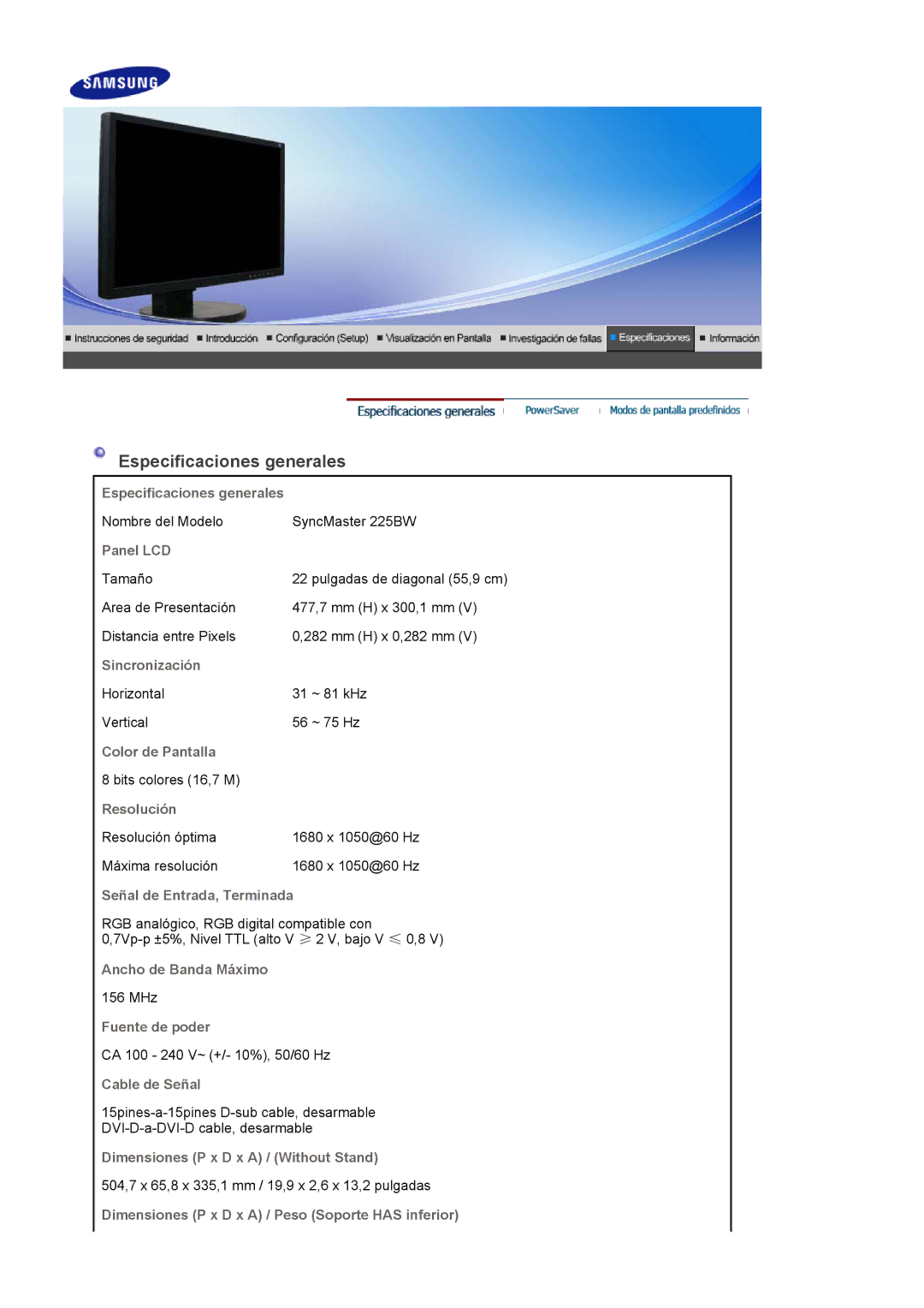 Samsung LS22DPWCSS/EDC, LS22DPWCSQ/EDC manual Especificaciones generales 