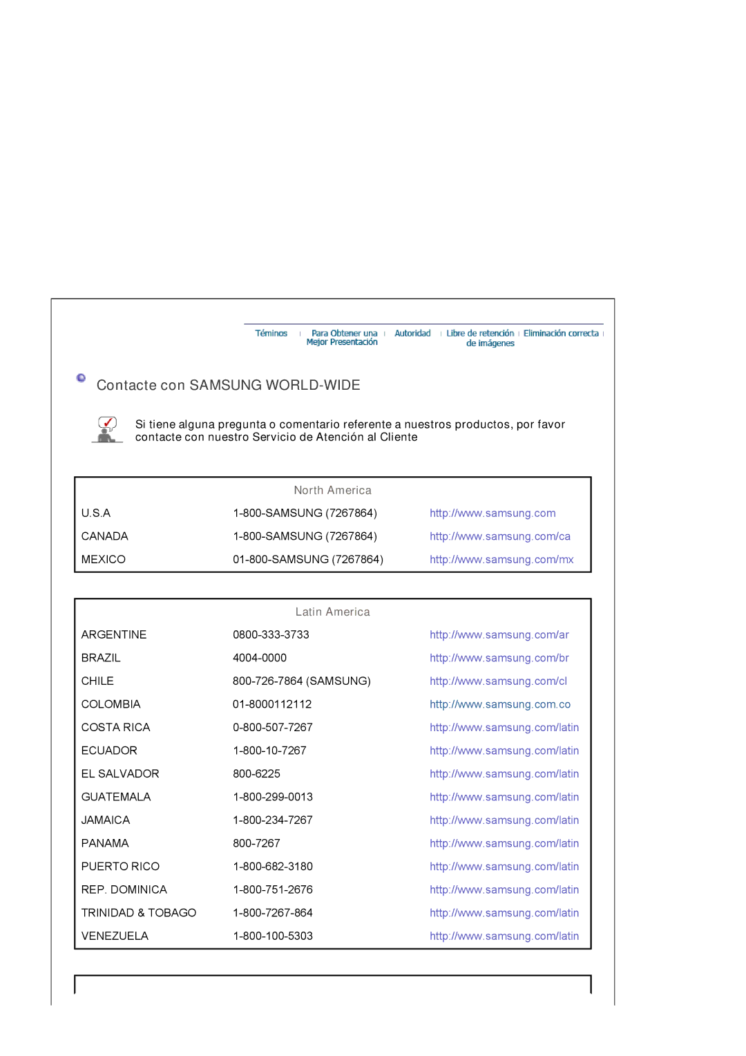 Samsung LS22DPWCSS/EDC, LS22DPWCSQ/EDC manual Contacte con Samsung WORLD-WIDE, North America, Latin America 