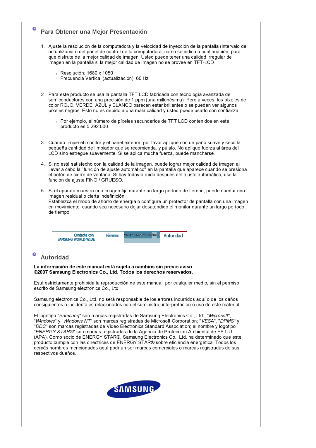 Samsung LS22DPWCSQ/EDC, LS22DPWCSS/EDC manual Para Obtener una Mejor Presentación, Autoridad 