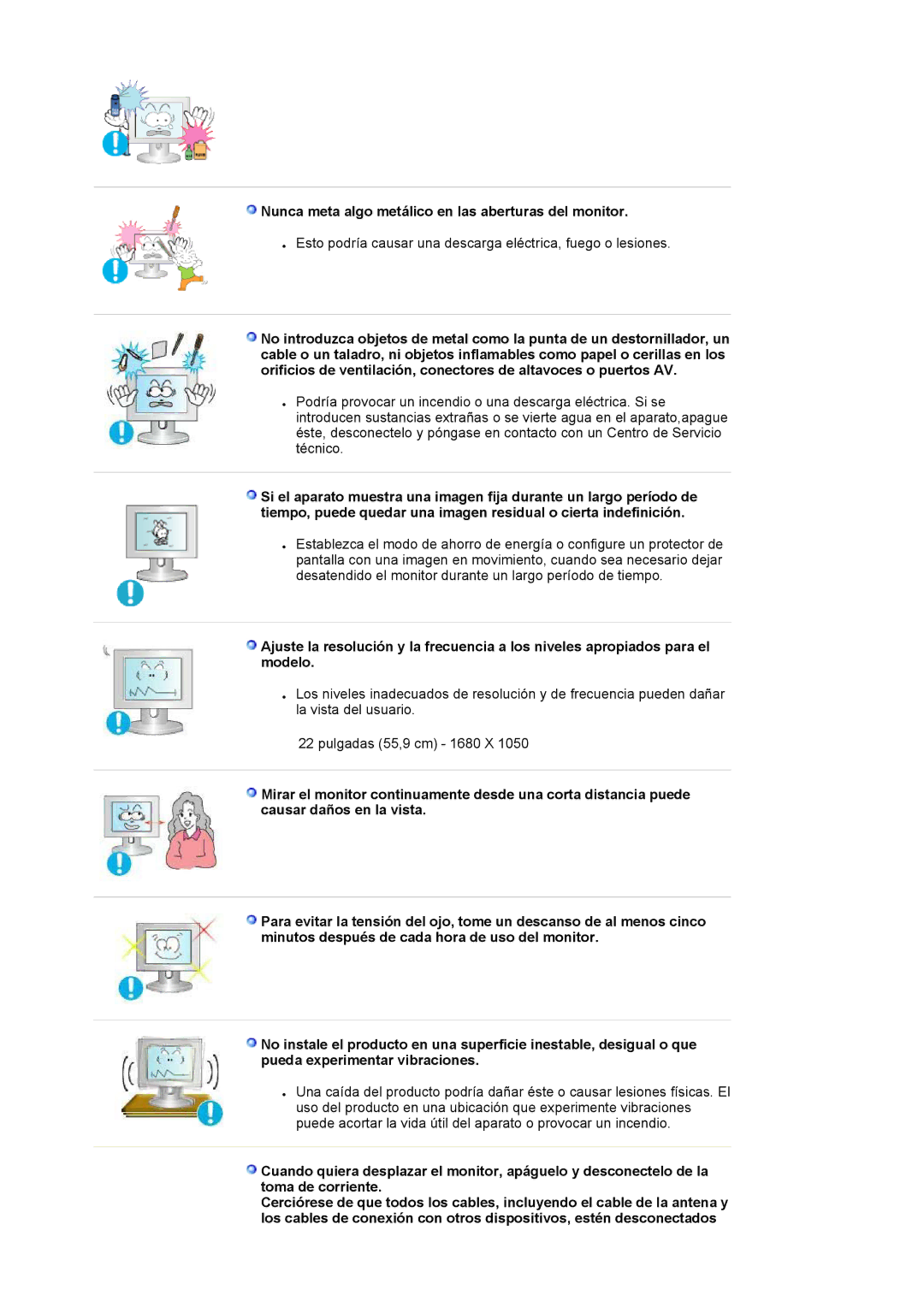 Samsung LS22DPWCSQ/EDC, LS22DPWCSS/EDC manual Nunca meta algo metálico en las aberturas del monitor 