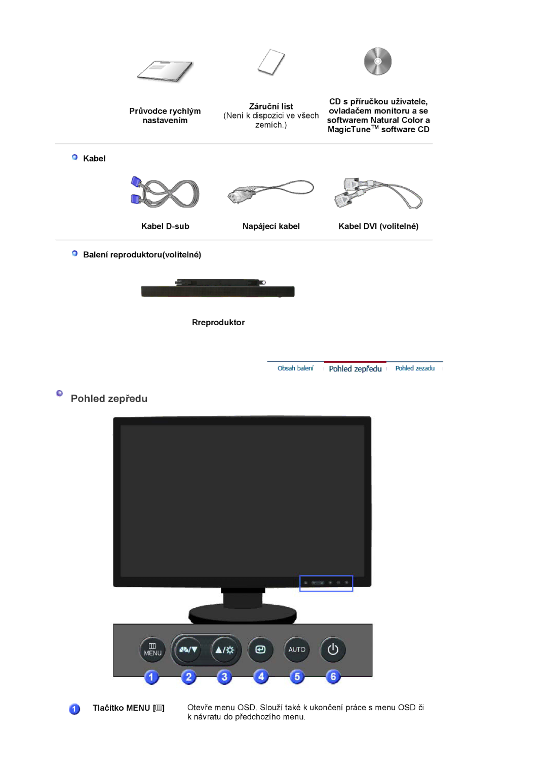 Samsung LS22DPWCSS/EDC, LS22DPWCSQ/EDC manual Pohled zepředu, Průvodce rychlým Záruční list, Nastavením, Zemích 