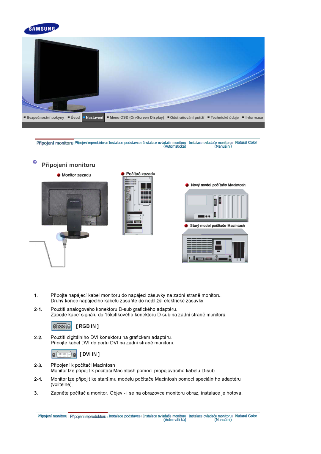 Samsung LS22DPWCSQ/EDC, LS22DPWCSS/EDC manual Připojení monitoru, Rgb, Dvi 