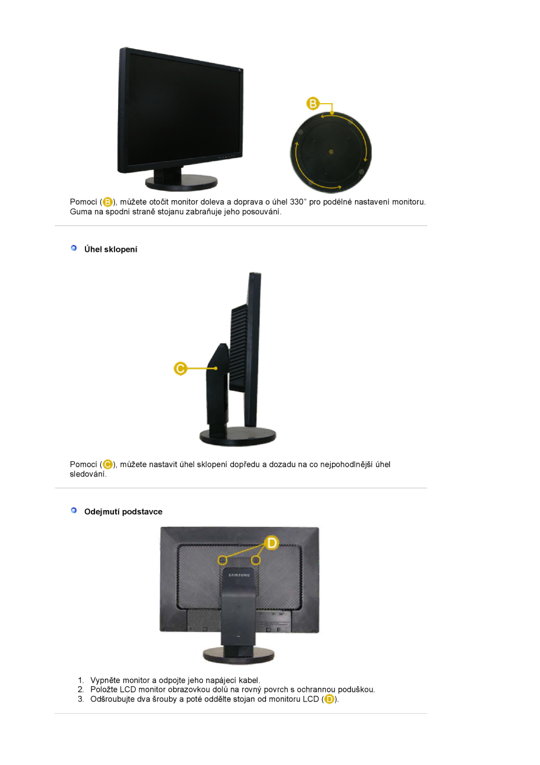 Samsung LS22DPWCSS/EDC, LS22DPWCSQ/EDC manual Úhel sklopení, Odejmutí podstavce 