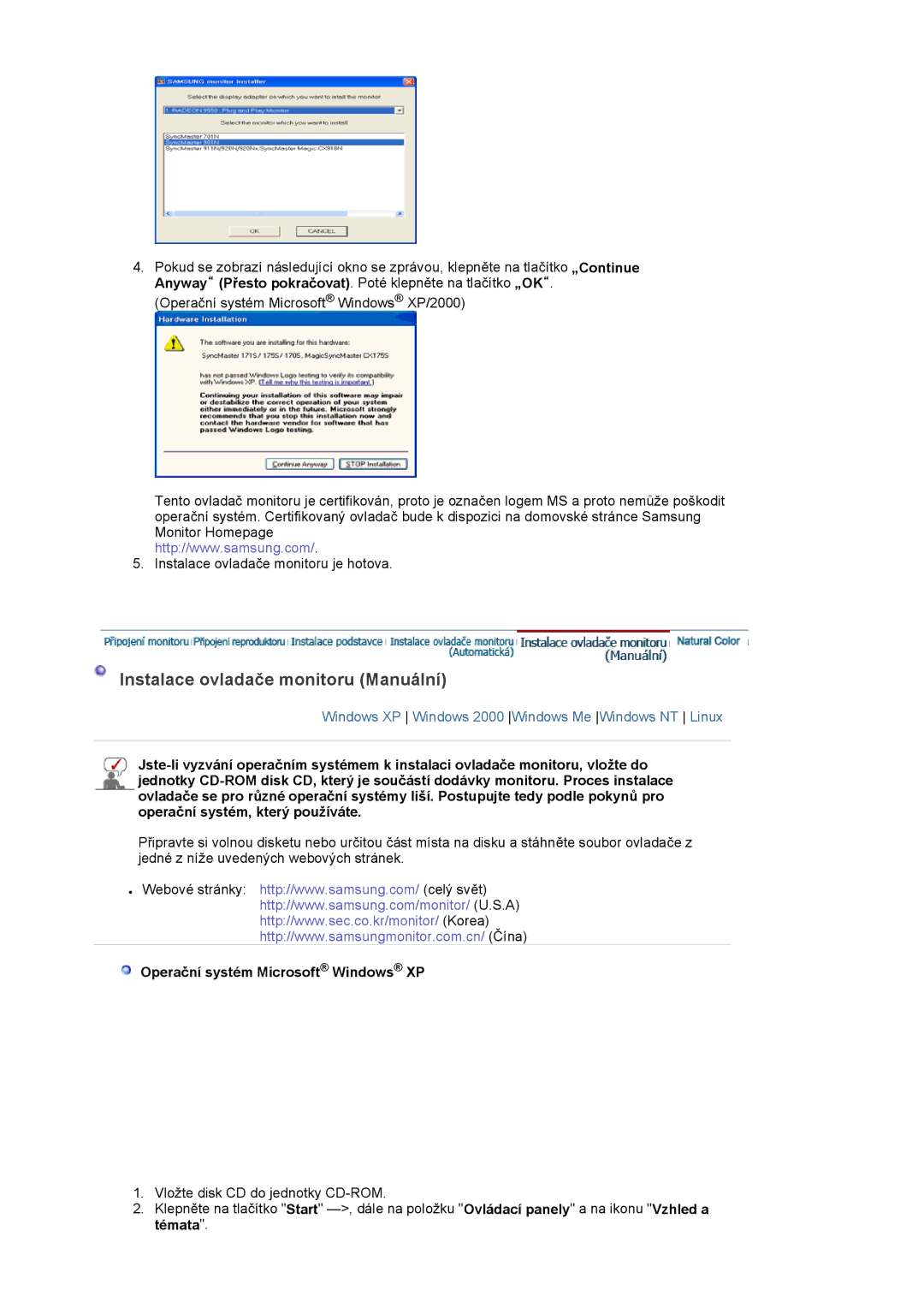Samsung LS22DPWCSS/EDC, LS22DPWCSQ/EDC manual Instalace ovladače monitoru Manuální, Operační systém Microsoft Windows XP 