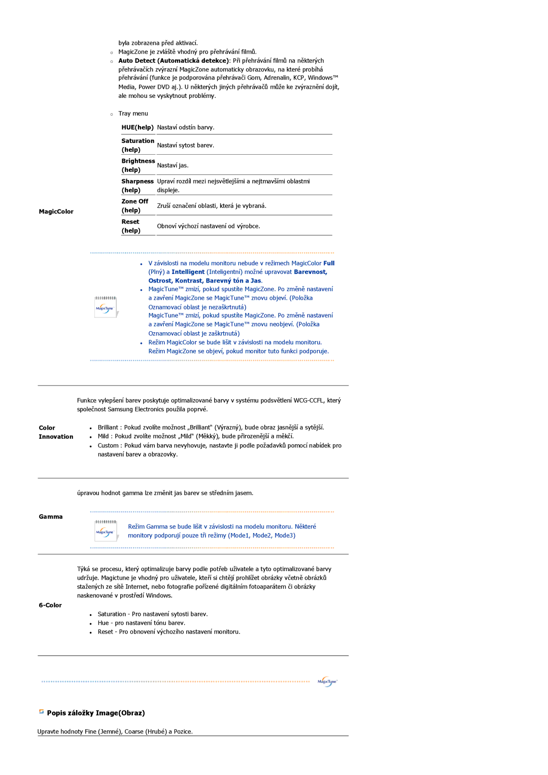 Samsung LS22DPWCSQ/EDC, LS22DPWCSS/EDC manual Popis záložky ImageObraz 