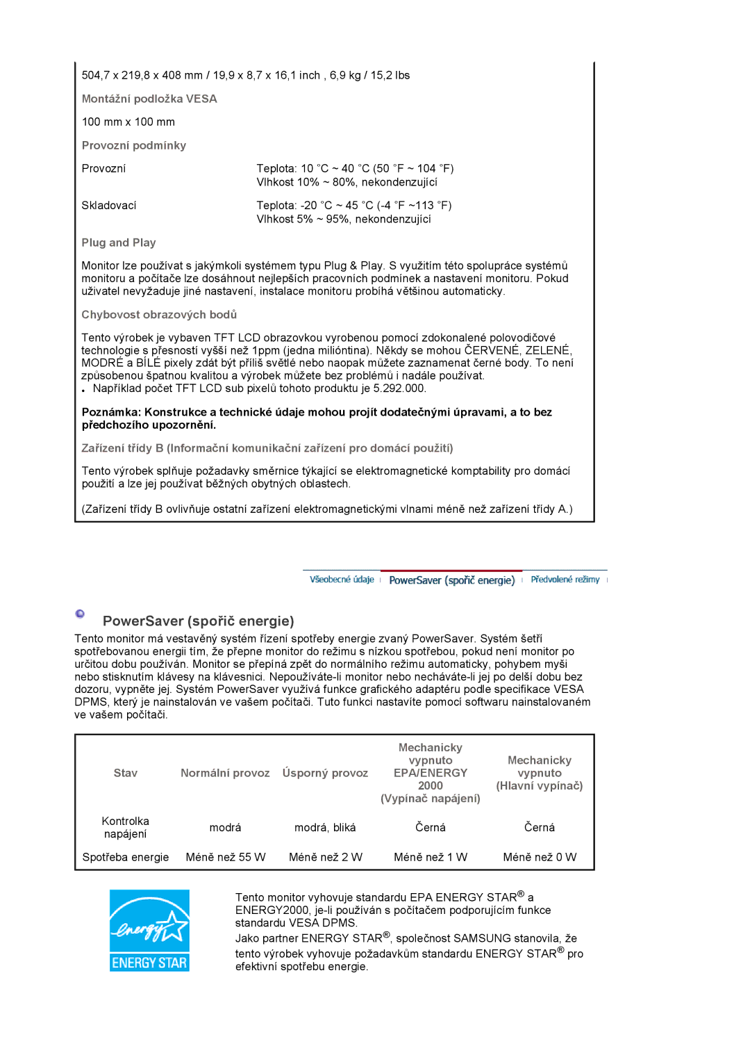 Samsung LS22DPWCSQ/EDC, LS22DPWCSS/EDC manual PowerSaver spořič energie 