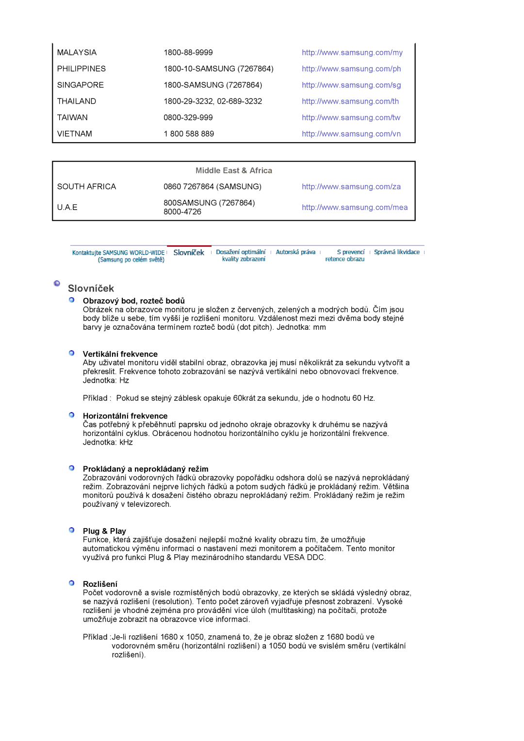 Samsung LS22DPWCSQ/EDC, LS22DPWCSS/EDC manual Slovníček, Middle East & Africa 