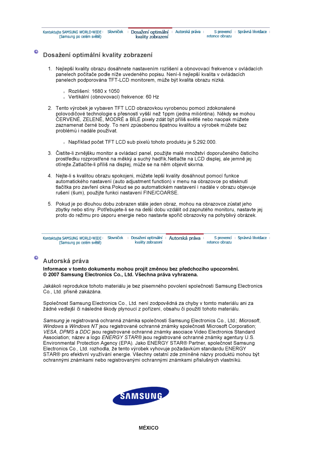 Samsung LS22DPWCSS/EDC, LS22DPWCSQ/EDC manual Dosažení optimální kvality zobrazení, Autorská práva 