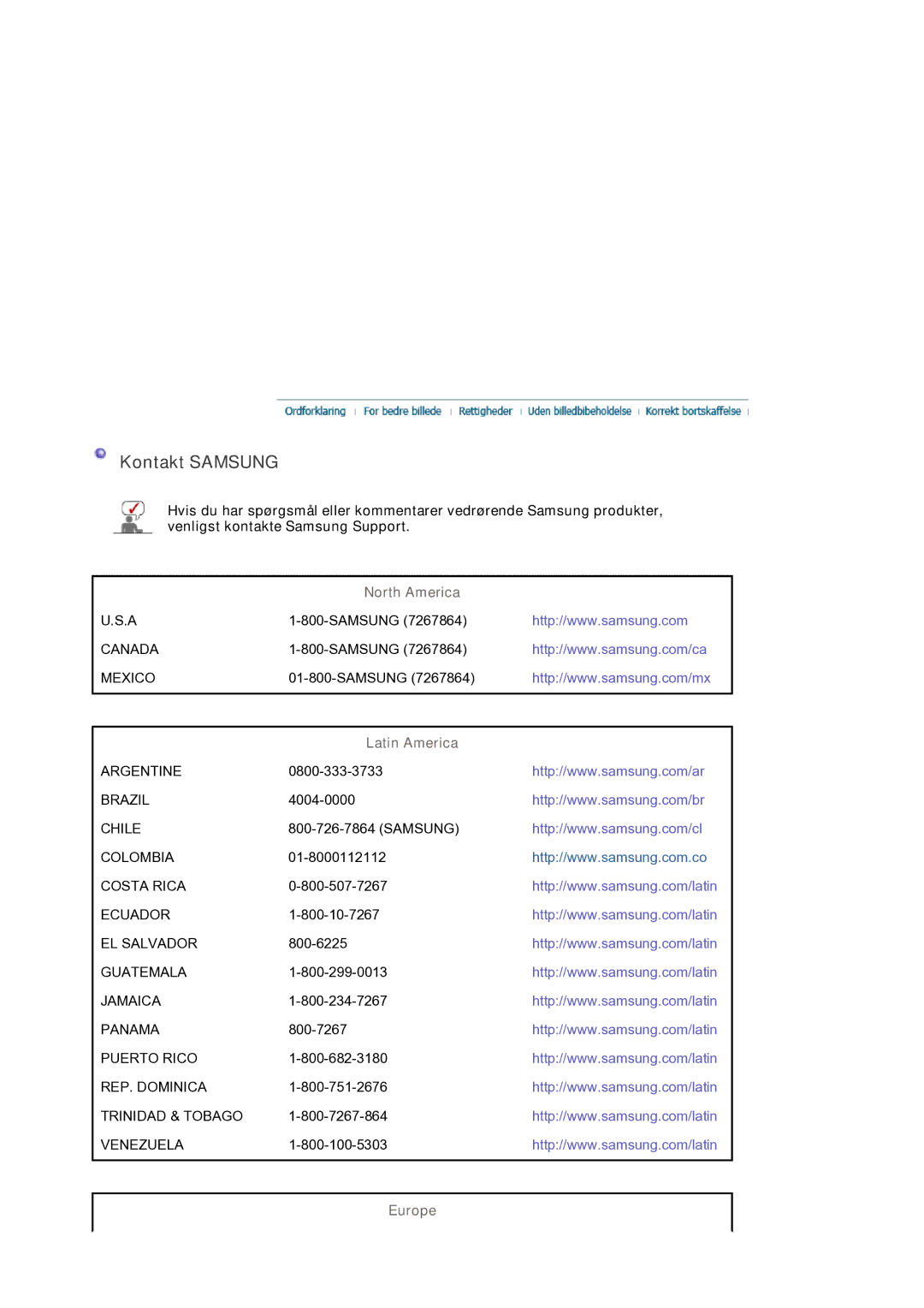 Samsung LS22DPWCSS/EDC, LS22DPWCSQ/EDC manual Kontakt Samsung, North America, Latin America, Europe 