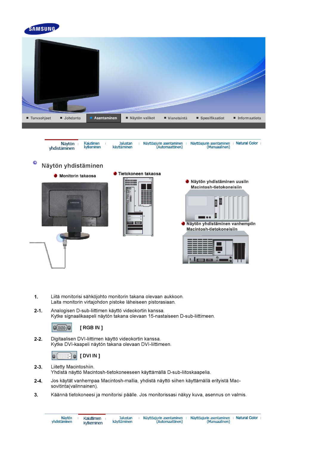 Samsung LS22DPWCSQ/EDC, LS22DPWCSS/EDC manual Näytön yhdistäminen, Rgb, Dvi 