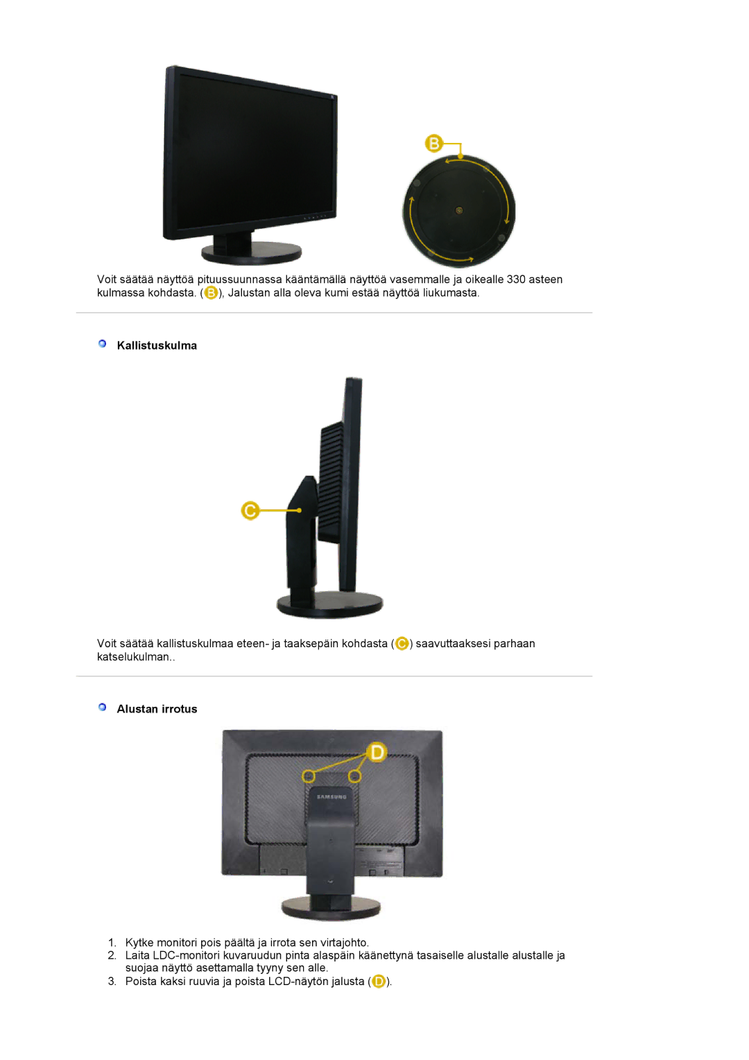 Samsung LS22DPWCSS/EDC, LS22DPWCSQ/EDC manual Kallistuskulma, Alustan irrotus 