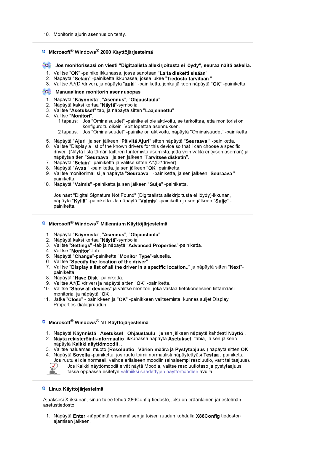 Samsung LS22DPWCSQ/EDC, LS22DPWCSS/EDC manual Microsoft Windows NT Käyttöjärjestelmä, Linux Käyttöjärjestelmä 