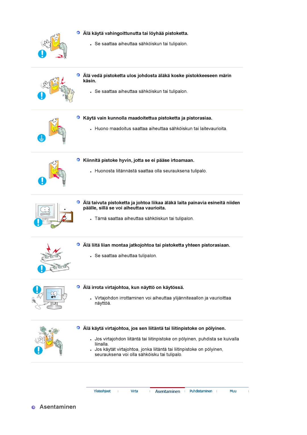 Samsung LS22DPWCSS/EDC, LS22DPWCSQ/EDC manual Asentaminen, Älä käytä vahingoittunutta tai löyhää pistoketta 