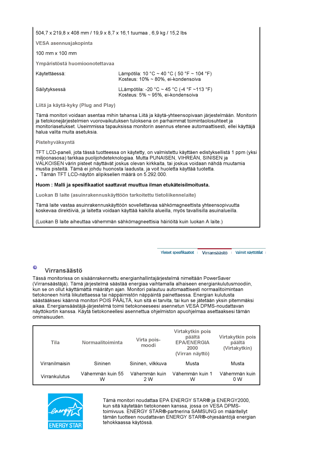 Samsung LS22DPWCSS/EDC, LS22DPWCSQ/EDC manual Virransäästö 