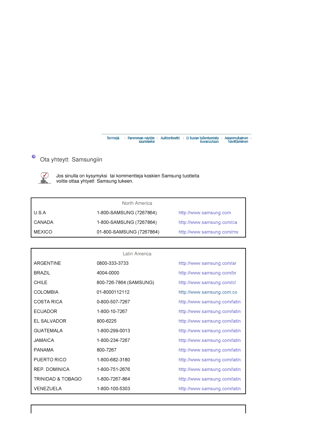 Samsung LS22DPWCSS/EDC, LS22DPWCSQ/EDC manual Ota yhteyttä Samsungiin, North America, Latin America 