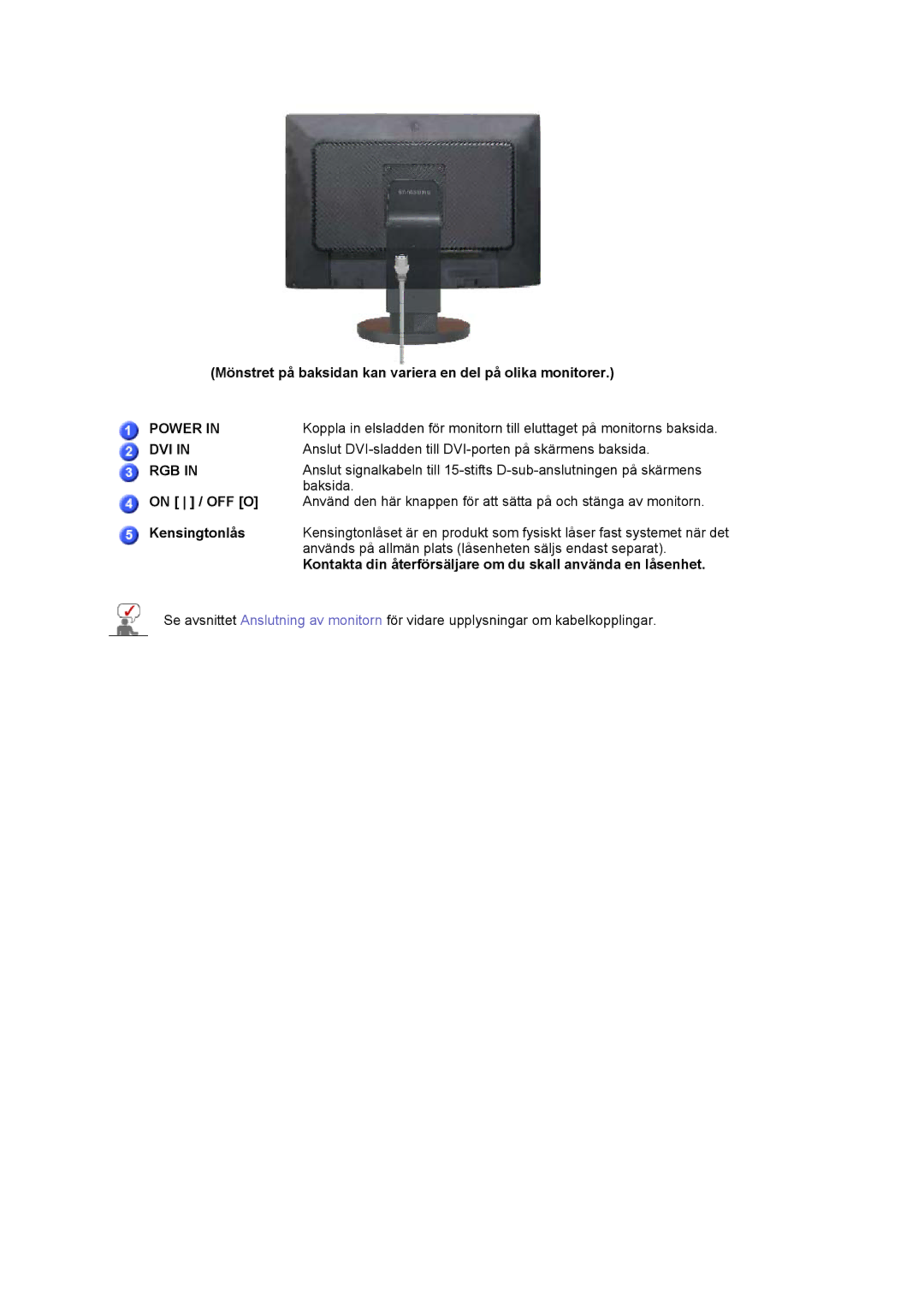 Samsung LS22DPWCSS/EDC manual Mönstret på baksidan kan variera en del på olika monitorer, On / OFF O, Kensingtonlås 