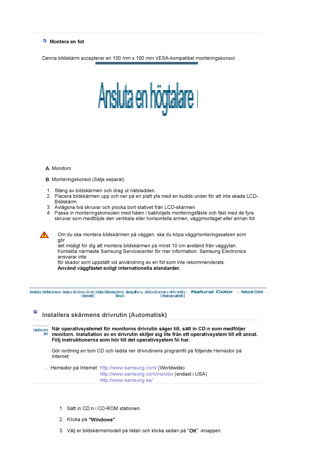 Samsung LS22DPWCSQ/EDC, LS22DPWCSS/EDC manual Installera skärmens drivrutin Automatisk, Montera en fot 