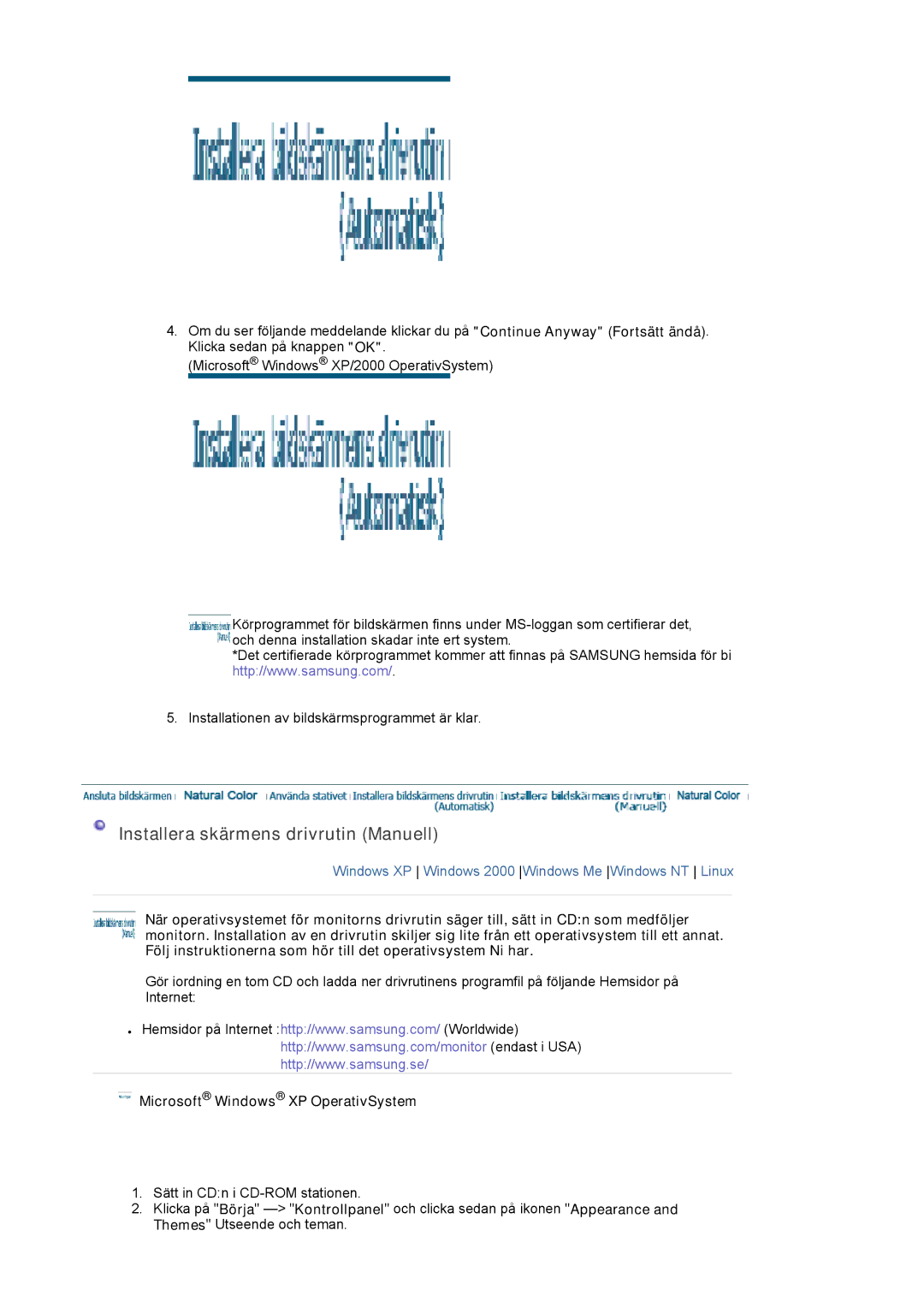 Samsung LS22DPWCSS/EDC, LS22DPWCSQ/EDC manual Installera skärmens drivrutin Manuell, Microsoft Windows XP OperativSystem 