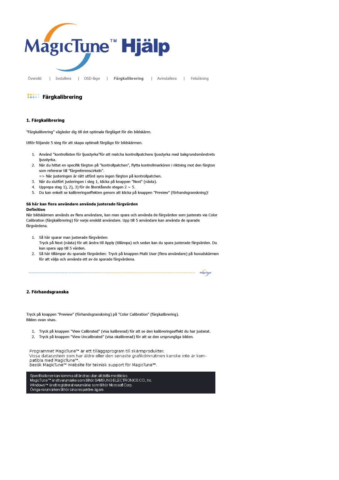 Samsung LS22DPWCSS/EDC, LS22DPWCSQ/EDC manual Färgkalibrering, Förhandsgranska 