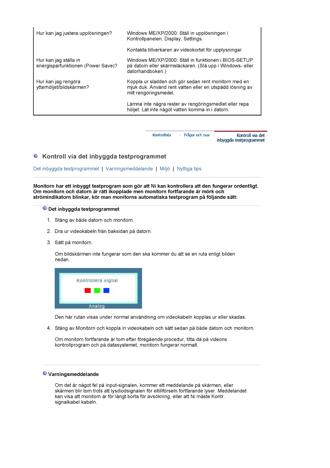 Samsung LS22DPWCSS/EDC, LS22DPWCSQ/EDC manual Kontroll via det inbyggda testprogrammet, Varningsmeddelande 