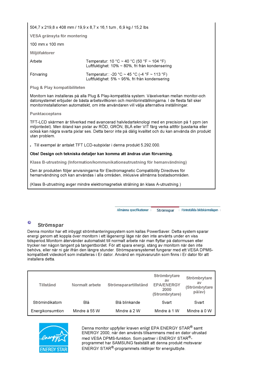 Samsung LS22DPWCSQ/EDC, LS22DPWCSS/EDC manual Strömspar 