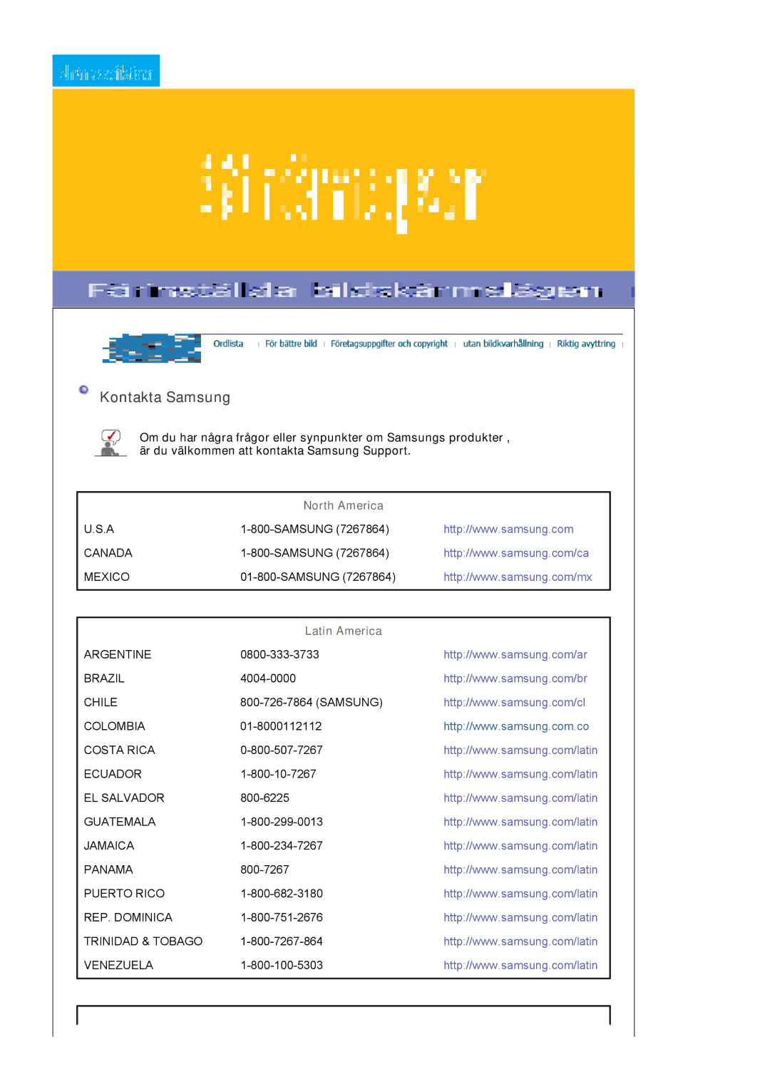 Samsung LS22DPWCSQ/EDC, LS22DPWCSS/EDC manual Kontakta Samsung, North America, Latin America 