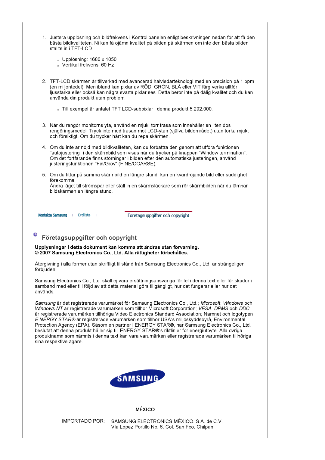 Samsung LS22DPWCSS/EDC, LS22DPWCSQ/EDC manual Företagsuppgifter och copyright, México 