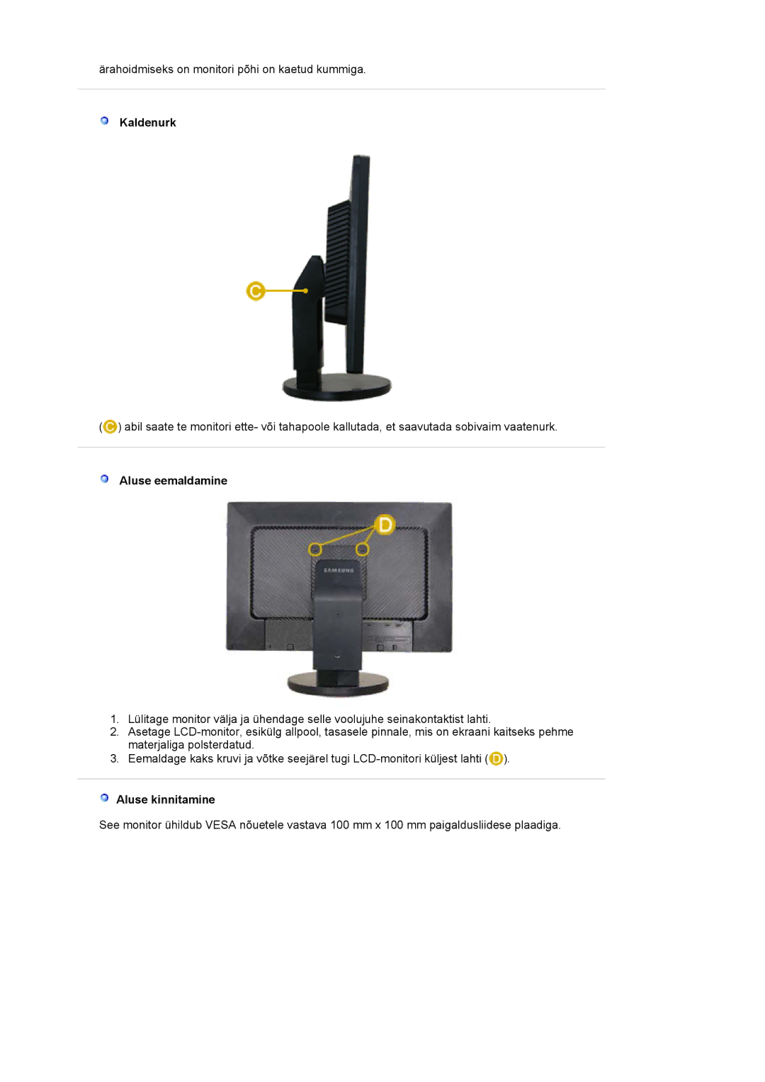 Samsung LS22DPWCSS/EDC, LS22DPWCSQ/EDC manual Kaldenurk, Aluse eemaldamine, Aluse kinnitamine 