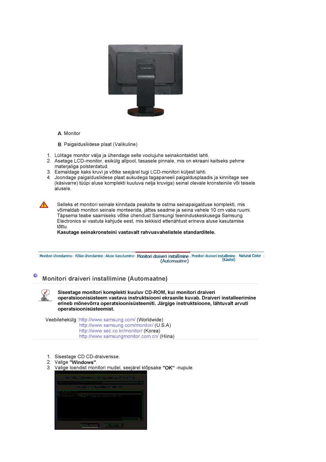 Samsung LS22DPWCSQ/EDC, LS22DPWCSS/EDC manual Monitori draiveri installimine Automaatne, Valige Windows 