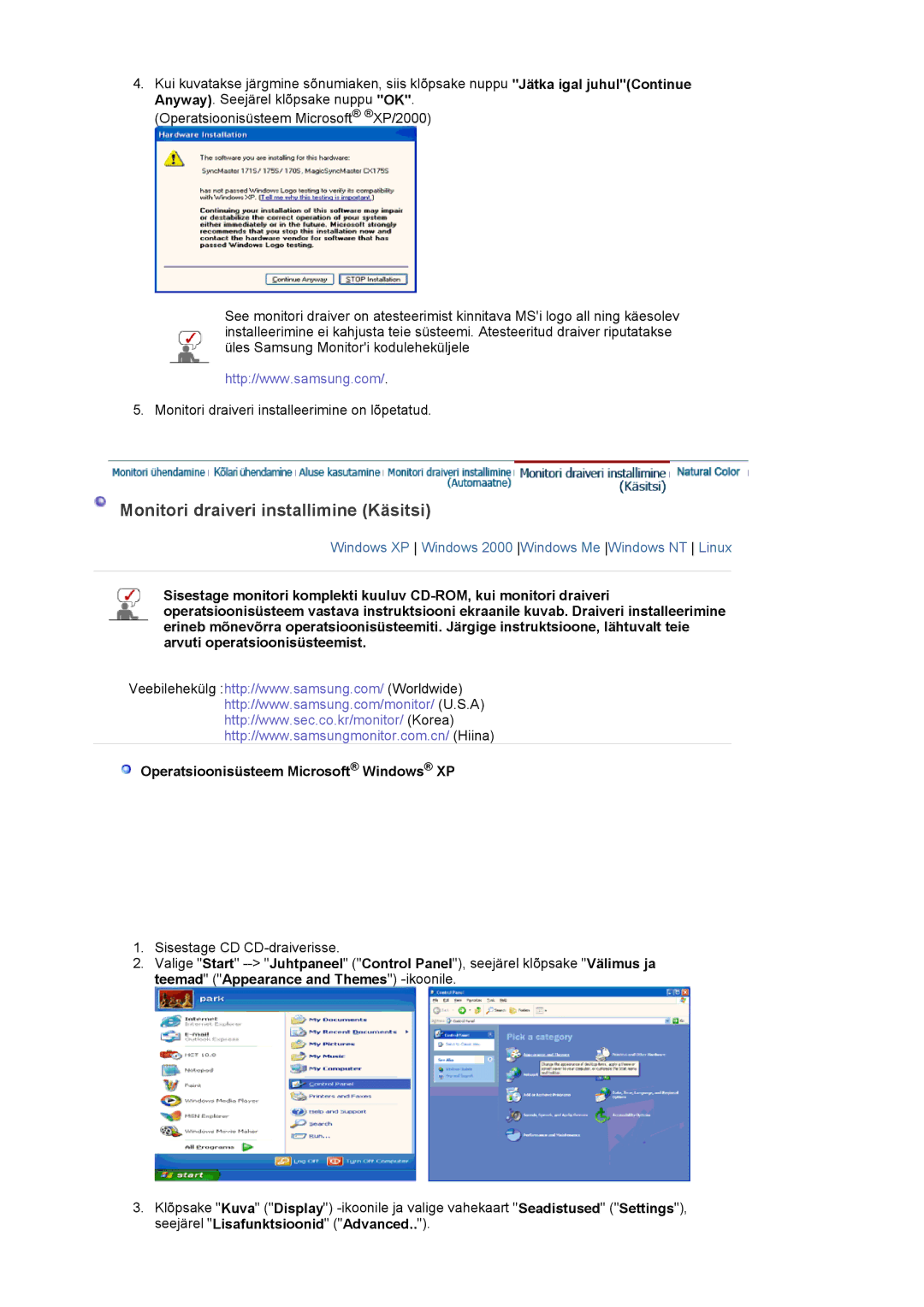 Samsung LS22DPWCSS/EDC, LS22DPWCSQ/EDC manual Monitori draiveri installimine Käsitsi 