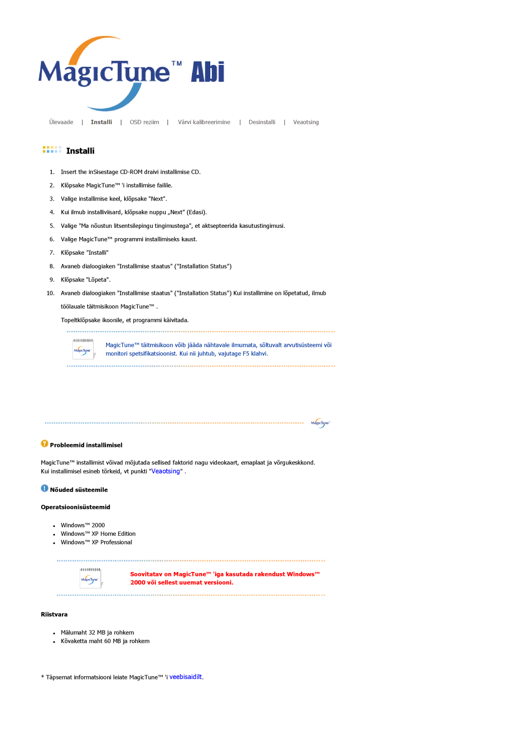 Samsung LS22DPWCSS/EDC, LS22DPWCSQ/EDC manual Probleemid installimisel, Nõuded süsteemile Operatsioonisüsteemid, Riistvara 