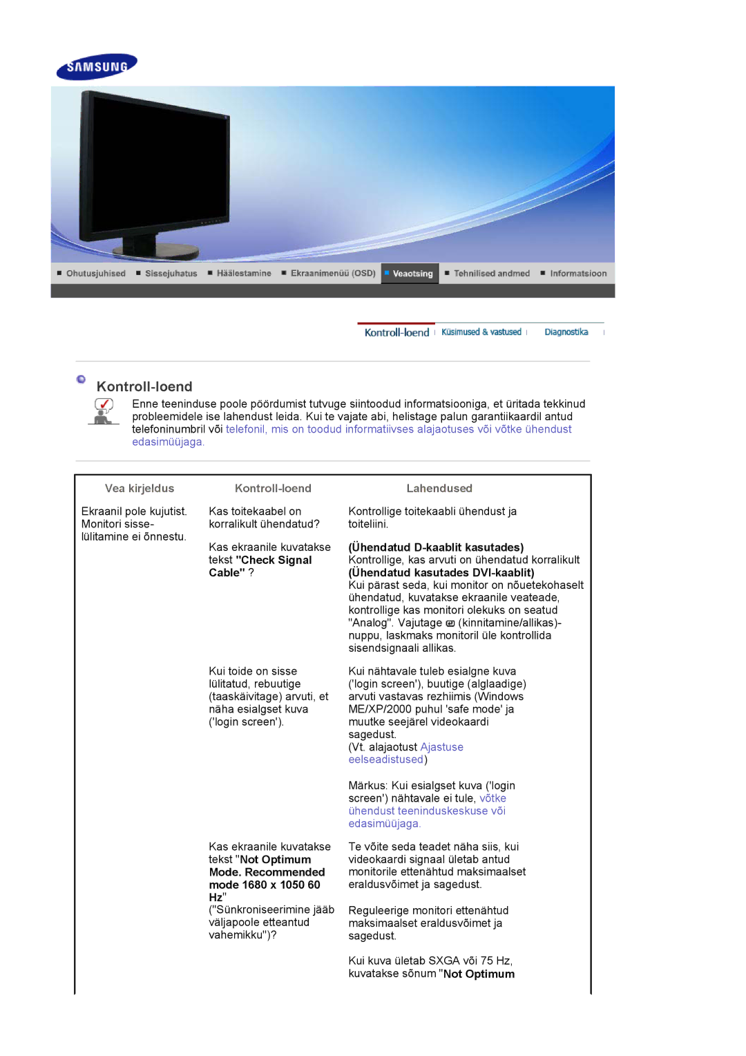 Samsung LS22DPWCSS/EDC, LS22DPWCSQ/EDC manual Vea kirjeldus Kontroll-loend Lahendused 