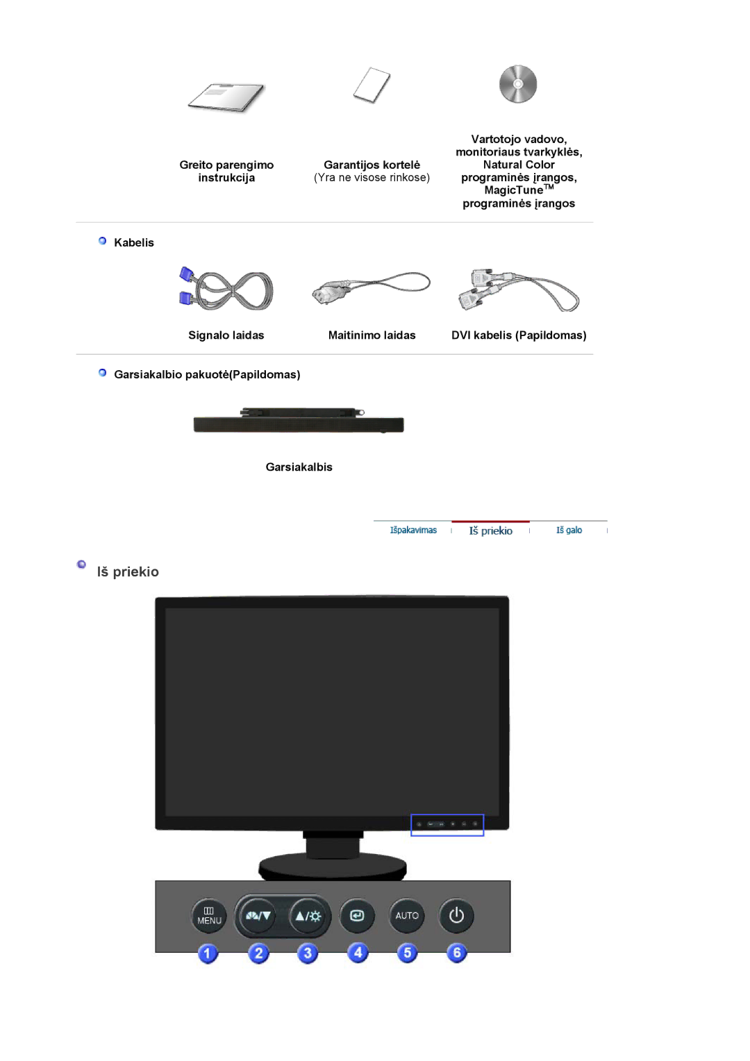 Samsung LS22DPWCSS/EDC manual Iš priekio, Vartotojo vadovo, Monitoriaus tvarkyklės, Programinės įrangos, MagicTune 