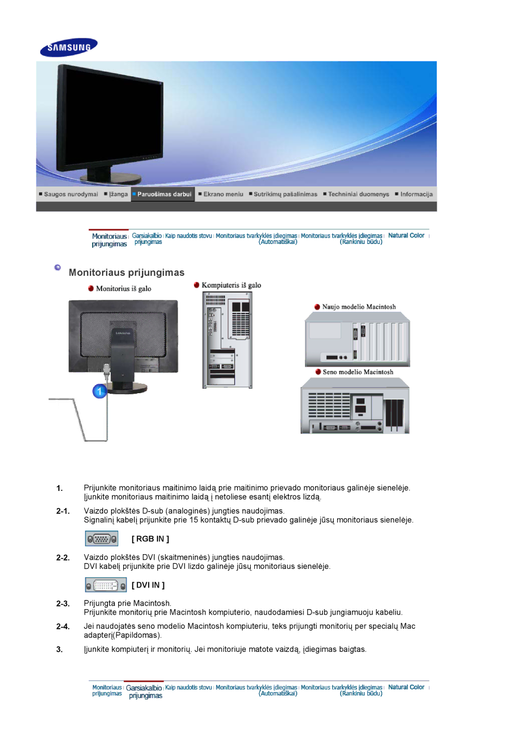 Samsung LS22DPWCSQ/EDC, LS22DPWCSS/EDC manual Monitoriaus prijungimas, Rgb, Dvi 