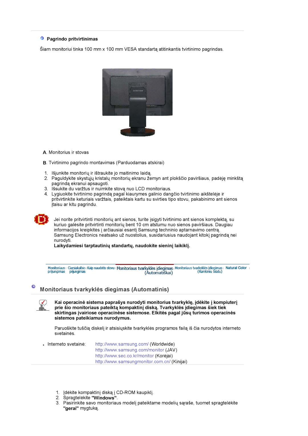 Samsung LS22DPWCSQ/EDC, LS22DPWCSS/EDC manual Monitoriaus tvarkyklės diegimas Automatinis, Pagrindo pritvirtinimas 