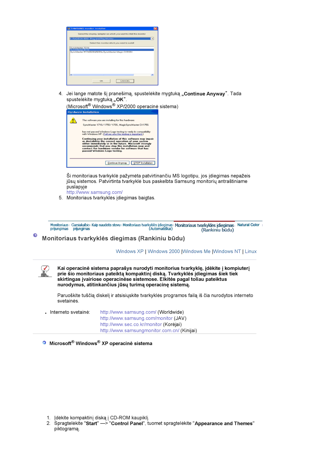 Samsung LS22DPWCSS/EDC manual Monitoriaus tvarkyklės diegimas Rankiniu būdu, Microsoft Windows XP operacinė sistema 