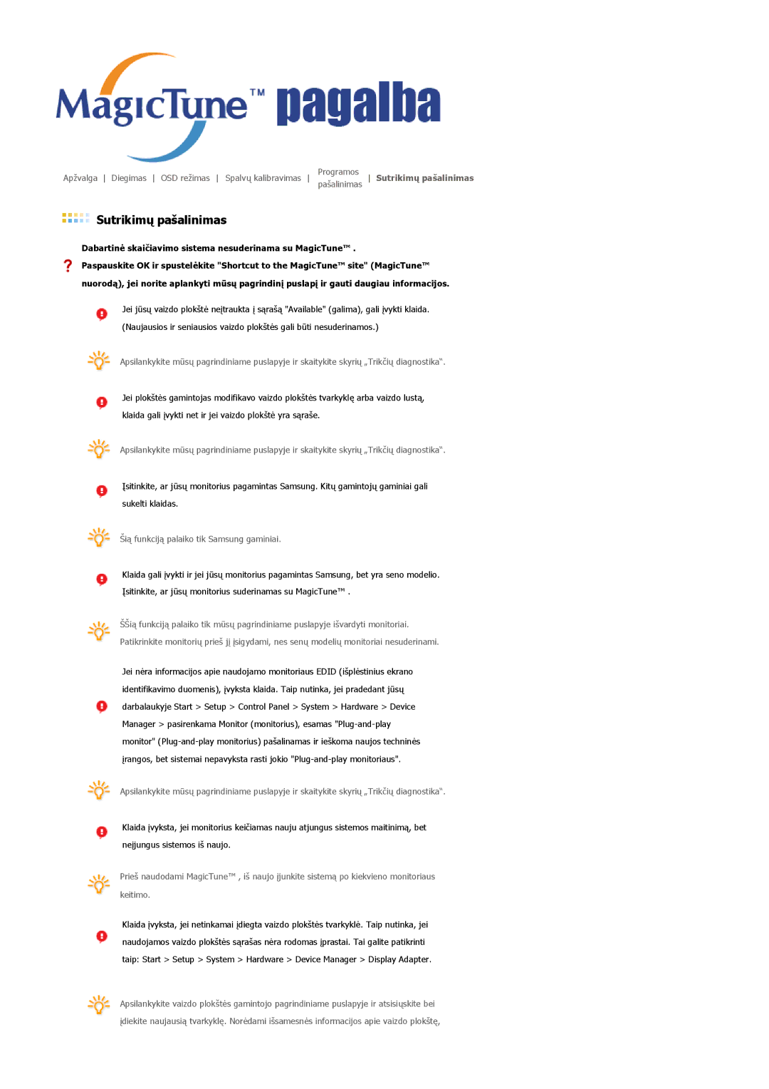 Samsung LS22DPWCSQ/EDC, LS22DPWCSS/EDC manual Sutrikimų pašalinimas 