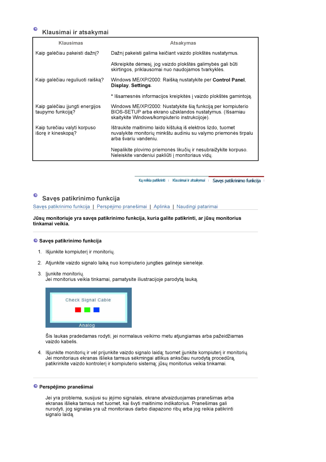 Samsung LS22DPWCSQ/EDC manual Klausimai ir atsakymai, Savęs patikrinimo funkcija, Klausimas Atsakymas, Display , Settings 