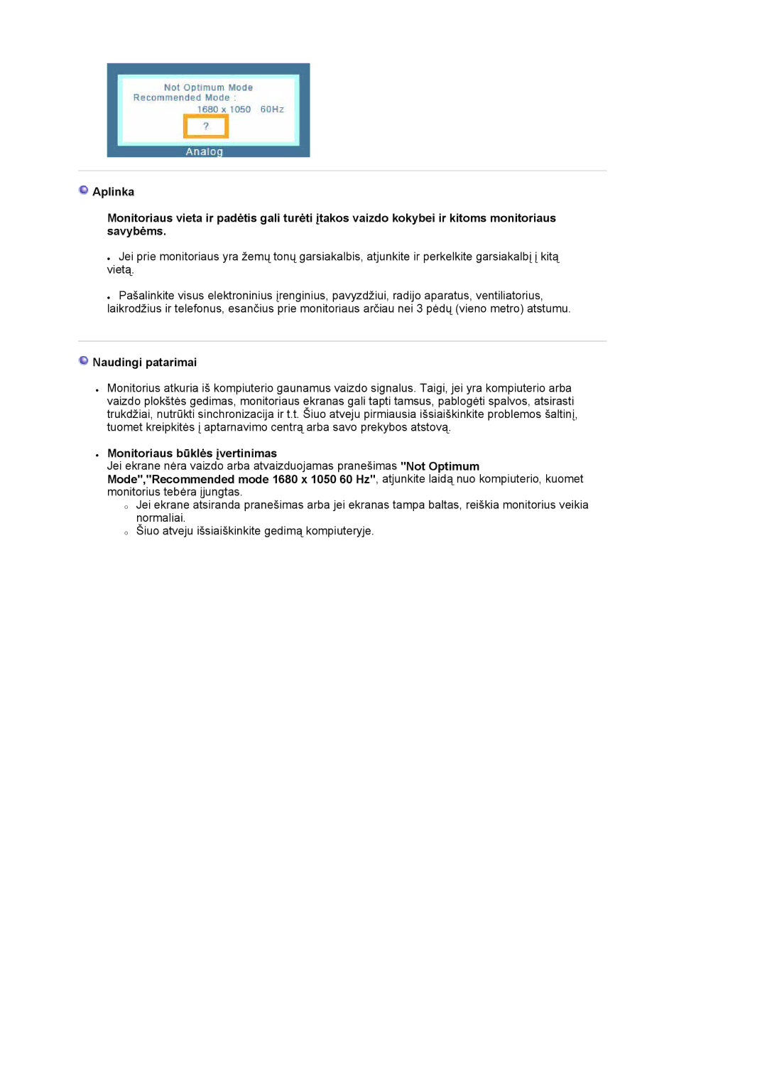 Samsung LS22DPWCSS/EDC, LS22DPWCSQ/EDC manual Naudingi patarimai, Monitoriaus būklės įvertinimas 