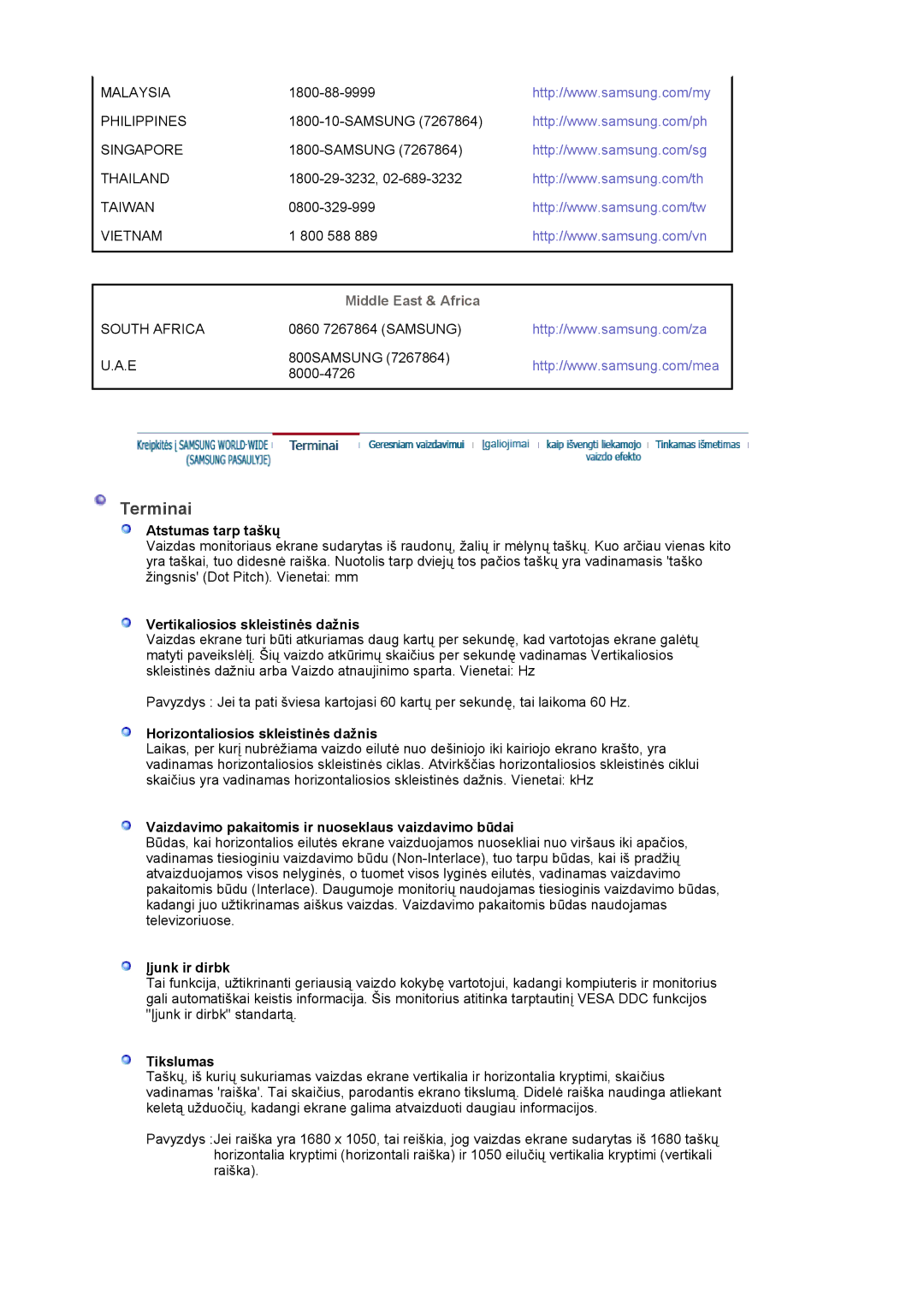 Samsung LS22DPWCSQ/EDC, LS22DPWCSS/EDC manual Terminai, Middle East & Africa 