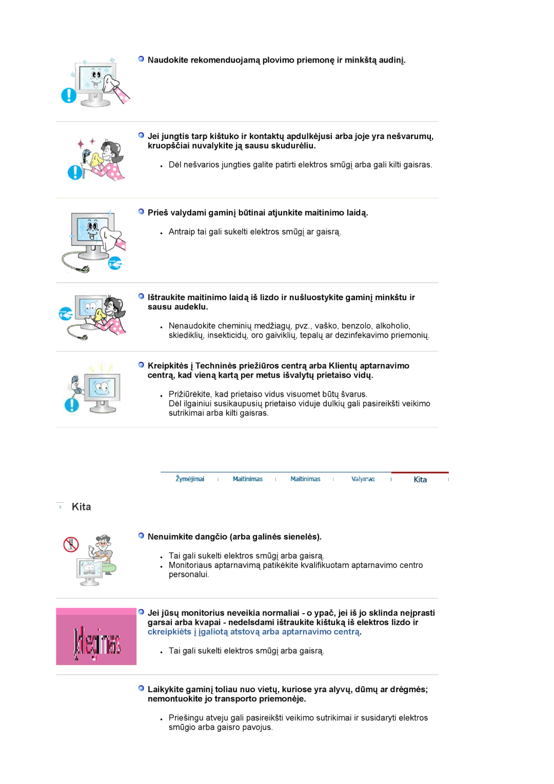 Samsung LS22DPWCSQ/EDC, LS22DPWCSS/EDC manual Kita, Prieš valydami gaminį būtinai atjunkite maitinimo laidą 