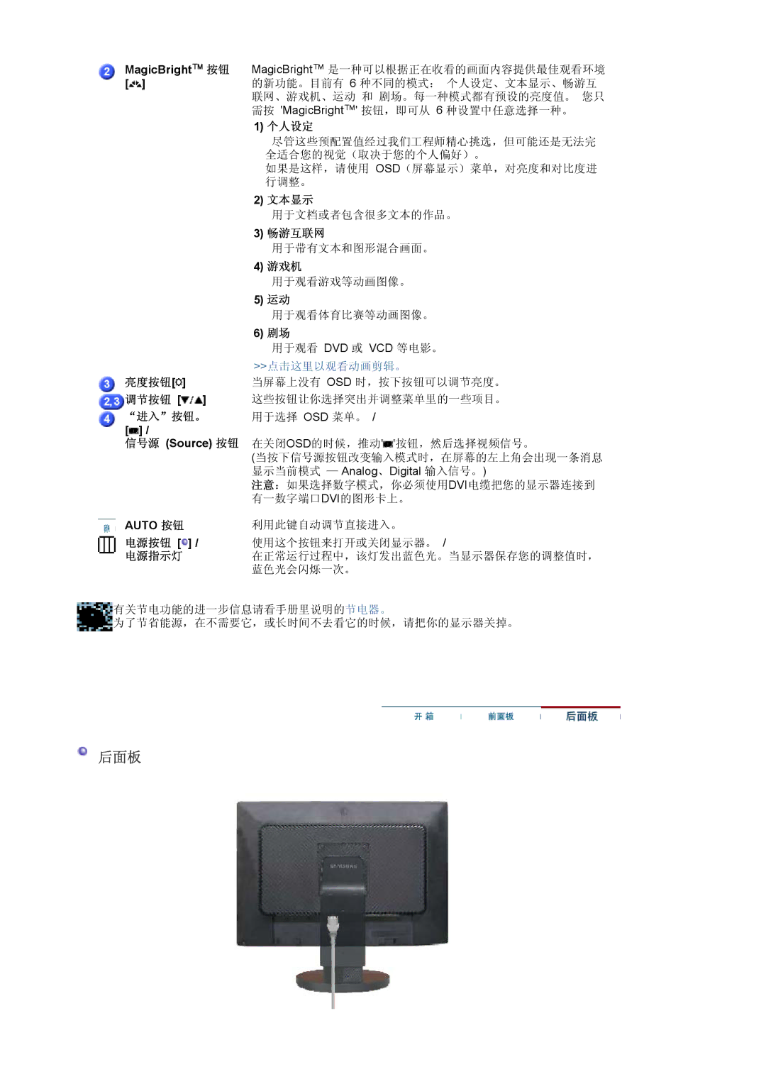 Samsung LS22DPWCSQ/EDC, LS22DPWCSS/EDC manual 后面板 